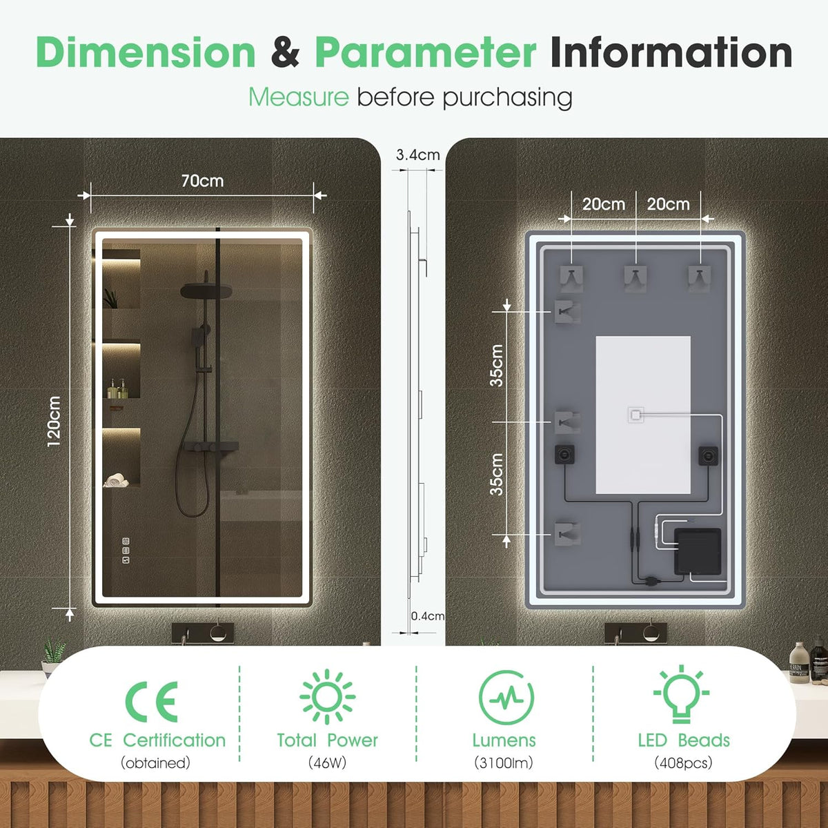 S'bagno Lustro Łazienkowe z Oświetleniem 120x70cm, Lustro LED Bluetooth z Funkcją Odmgławiania, 3000K/4000K/6500K, Ściemnialne, Pamięć, Szkło Hartowane HD, IP44-Lustra Łazienkowe LED, Poziomo/Pionowo