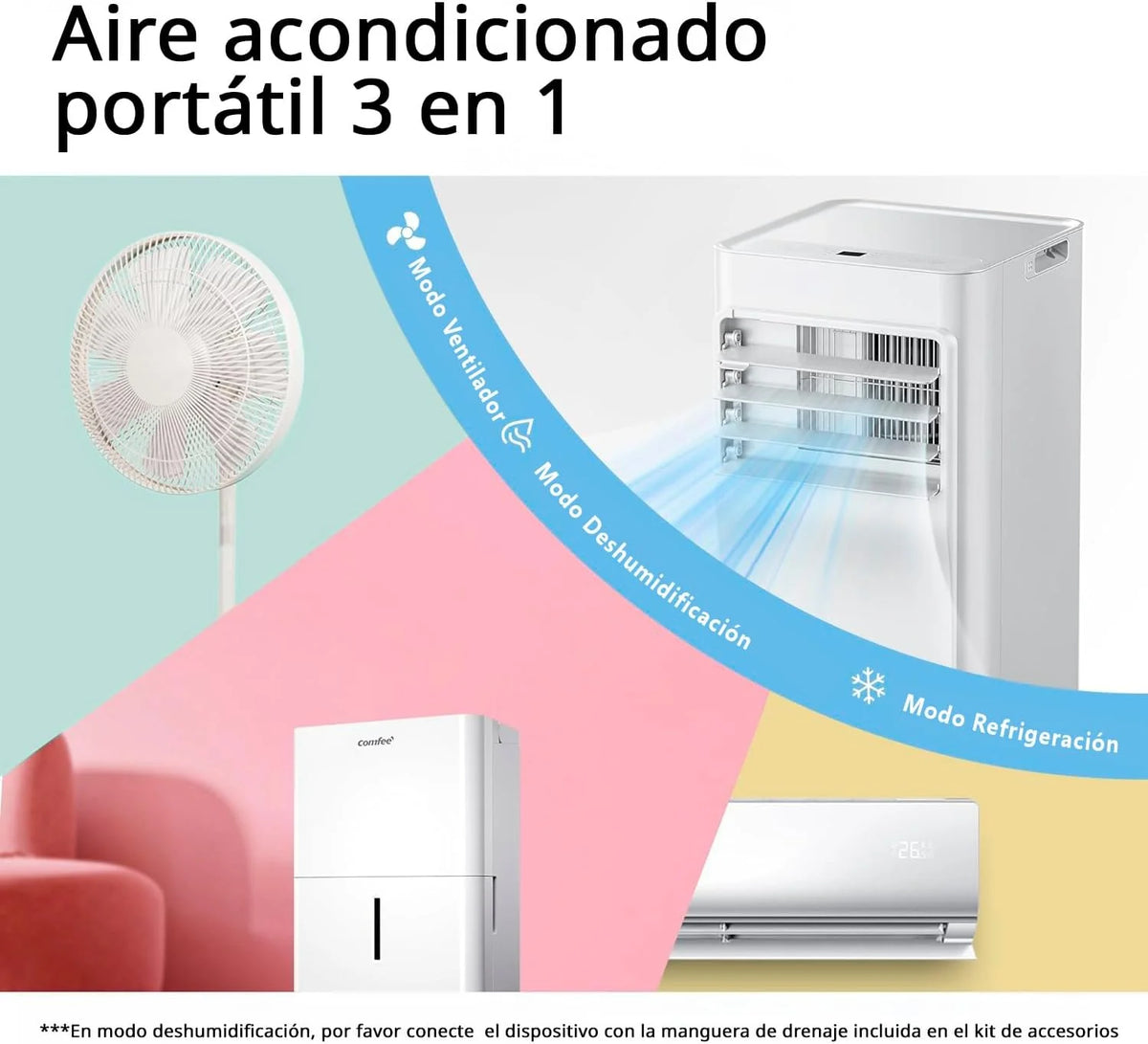 Klimatyzator przenośny COMFEE Pingüino 9000 BTU/2300 Frigorías Breezy Cool Pro – bez jednostki zewnętrznej, niskie zużycie energii, sterowanie przez aplikację i zestaw okienny – chłodzenie, wentylacja i osuszanie