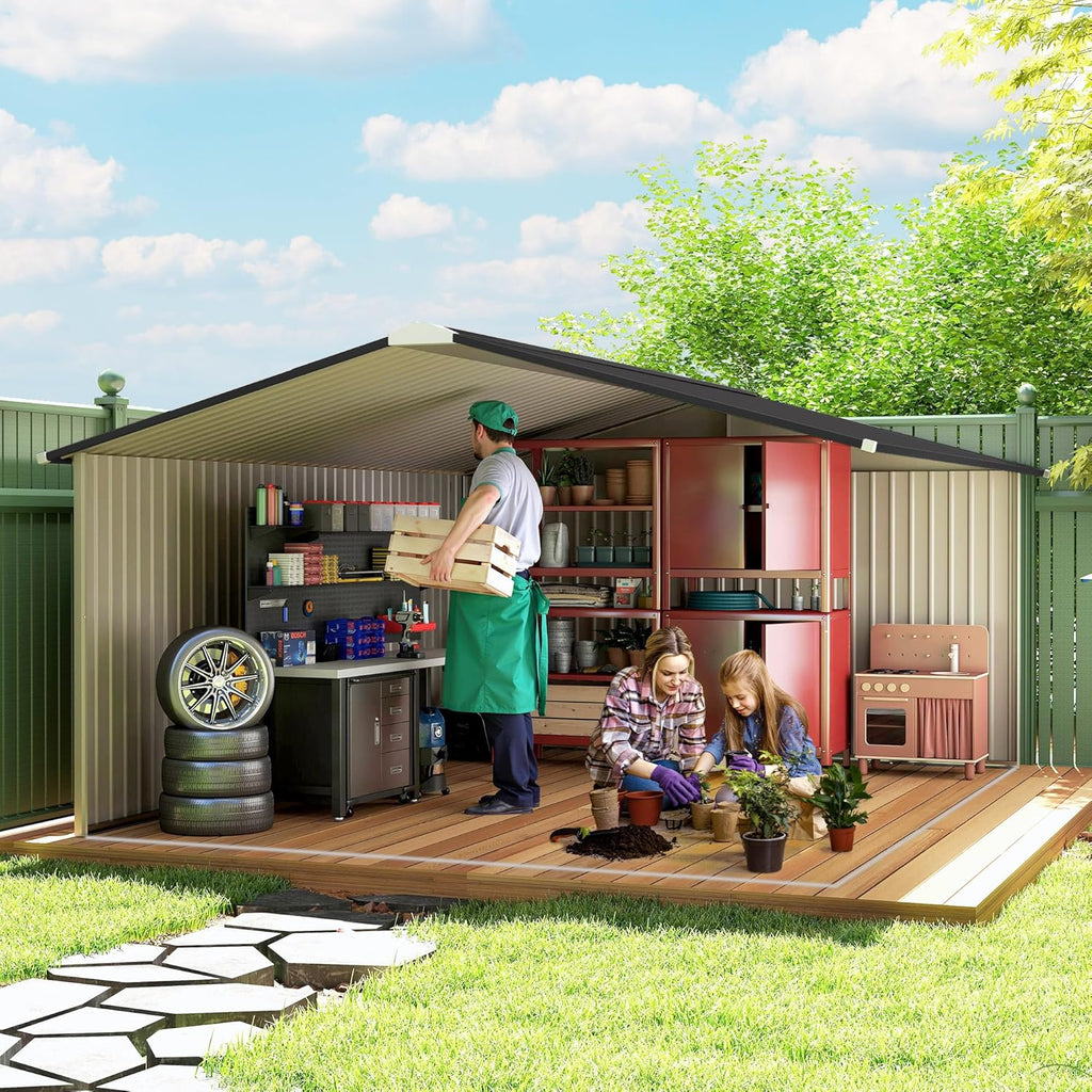 Outsunny Zewnętrzny Domek Ogrodowy, 12,4 m² 340x386x200 cm, Metalowa Szopa Ogrodowa z Dachem z Włókna Szklanego, Drzwiami Przesuwnymi, Wzmocnioną Podstawą (Podłoga NIE W ZESTAWIE) i Oknami Brązowa