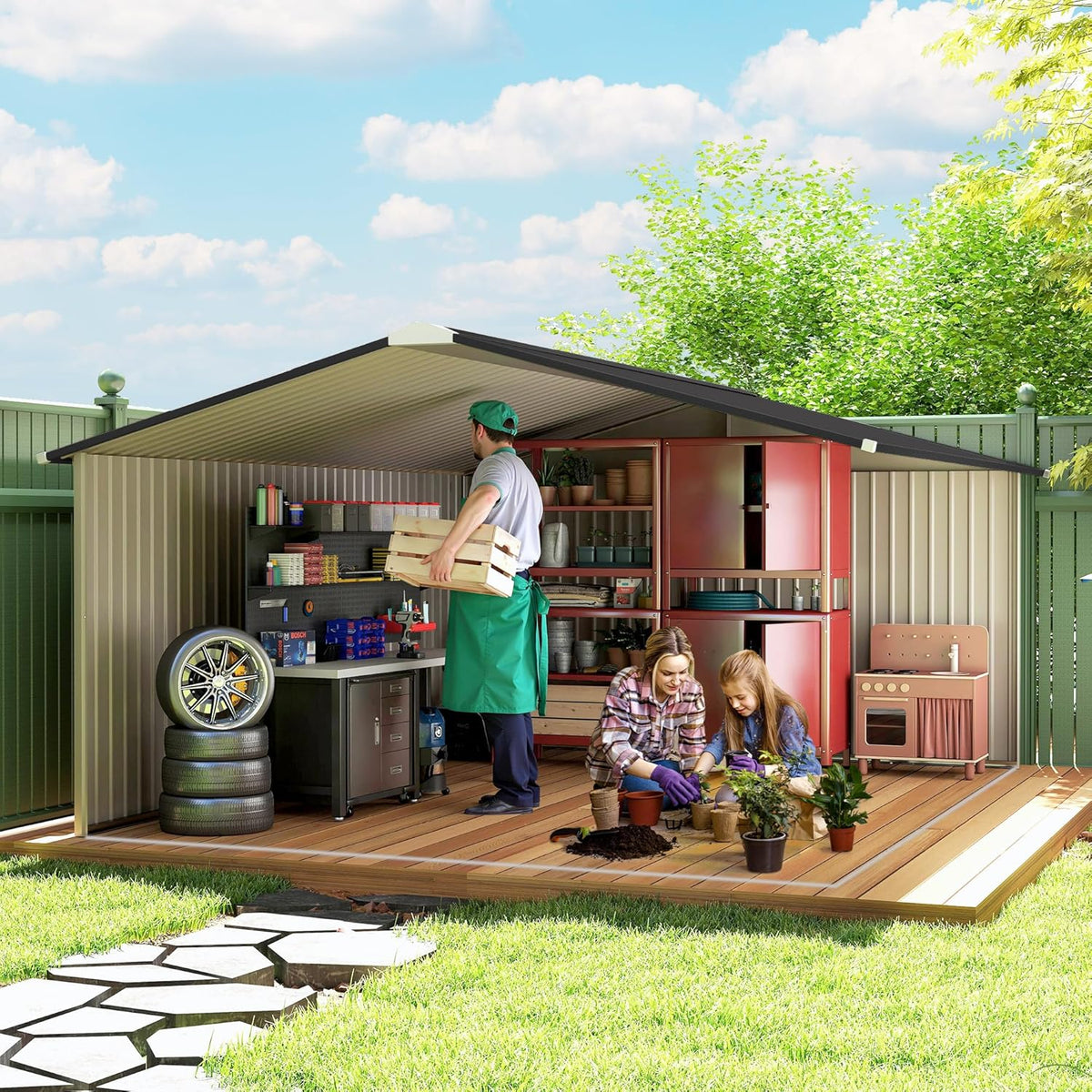 Outsunny Zewnętrzny Domek Ogrodowy, 12,4 m² 340x386x200 cm, Metalowa Szopa Ogrodowa z Dachem z Włókna Szklanego, Drzwiami Przesuwnymi, Wzmocnioną Podstawą (Podłoga NIE W ZESTAWIE) i Oknami Brązowa