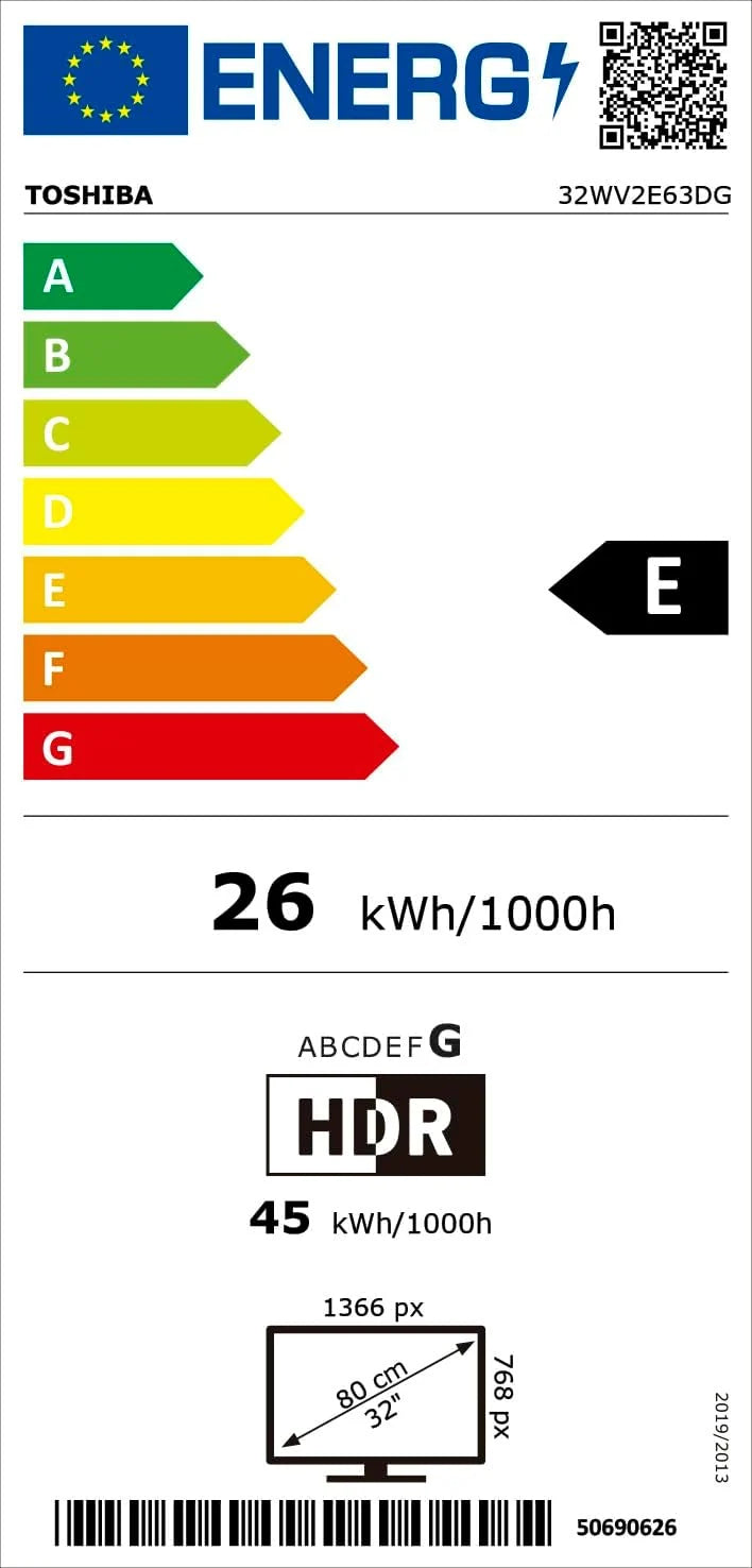 TOSHIBA 32WV2E63DG Smart TV 32" z rozdzielczością HD HDR10, kompatybilny z asystentami głosowymi Alexa i Google, TV Satelitarna, Bluetooth, Dolby Audio