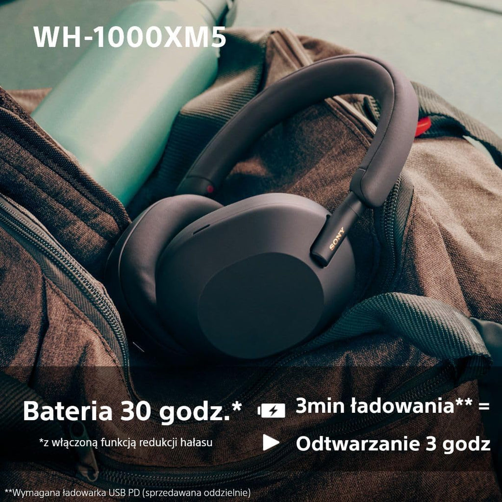 Sony WH-1000XM5 ANC Bezprzewodowe słuchawki nauszne z redukcją hałasu, Bluetooth, krystalicznie czystą jakością rozmów, Hi-Res, do 30 godzin pracy na baterii, szybkie ładowanie, Alexa i Asystent Google, iOS i Android - Czarne