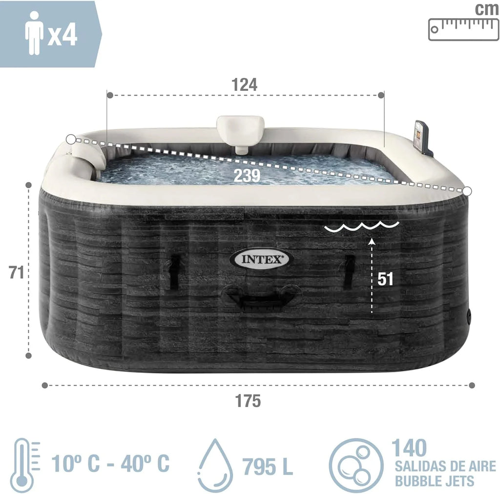 Nadmuchiwane kwadratowe spa Intex Greystone Deluxe dla 4 osób, 175x175x71 cm, grzałka 2200 W, bąbelki ciepłego powietrza, generator chloru, filtr S2 (1741 l/h), akcesoria w zestawie (55093)