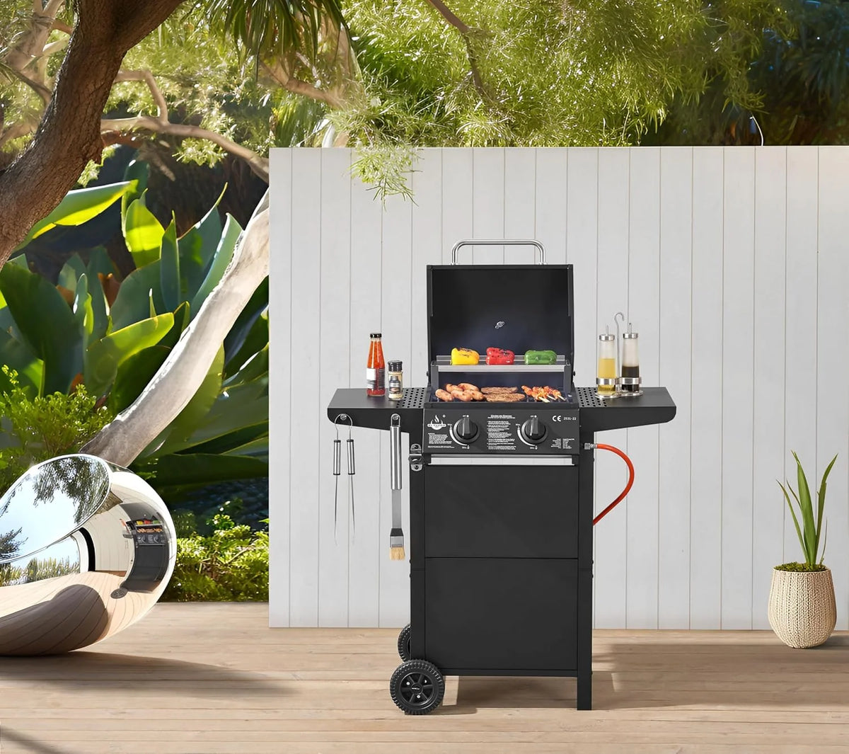 Grill gazowy El Fuego® „San Jose 2 palniki” z wężem gazowym i reduktorem ciśnienia, ruszt żeliwny, z termometrem i dużymi półkami bocznymi, grill BBQ | AY0204