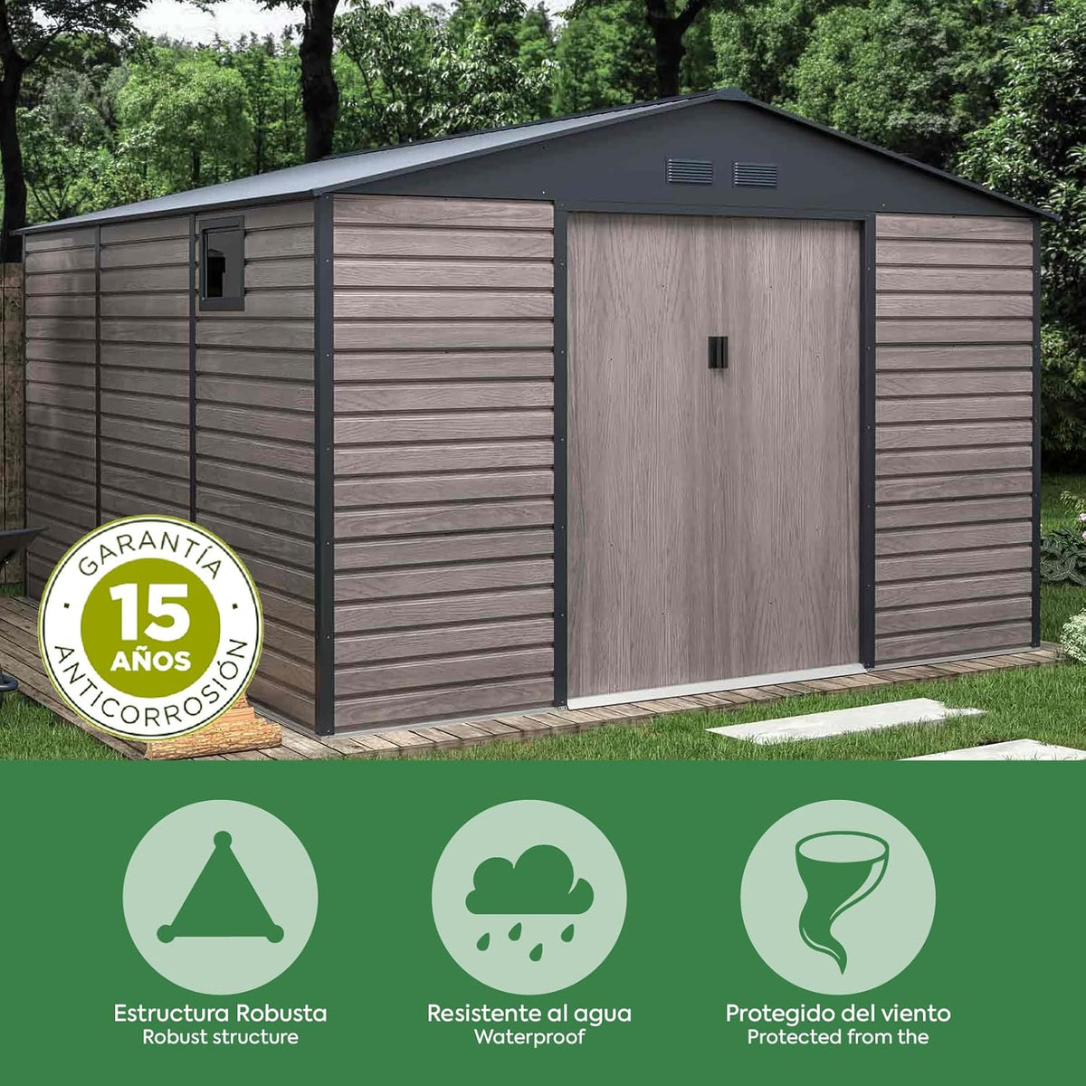 Gardiun Surrey Metalowa Szopa Ogrodowa 13 m2 Zewnętrzna 340x382x226 cm Stalowa z Bocznym Oknem i Efektem Słojów Drewna