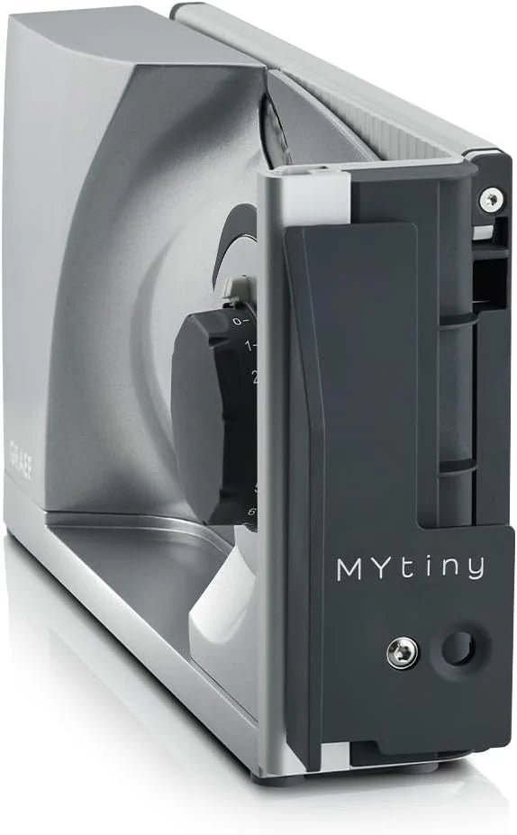 GRAEF MYtiny MT1000 — Składana krajalnica, 170 W, ostrze Ø170 mm, metalowa, grubość cięcia 0-15 mm, do chleba, kompaktowa, Made in Germany, srebrna