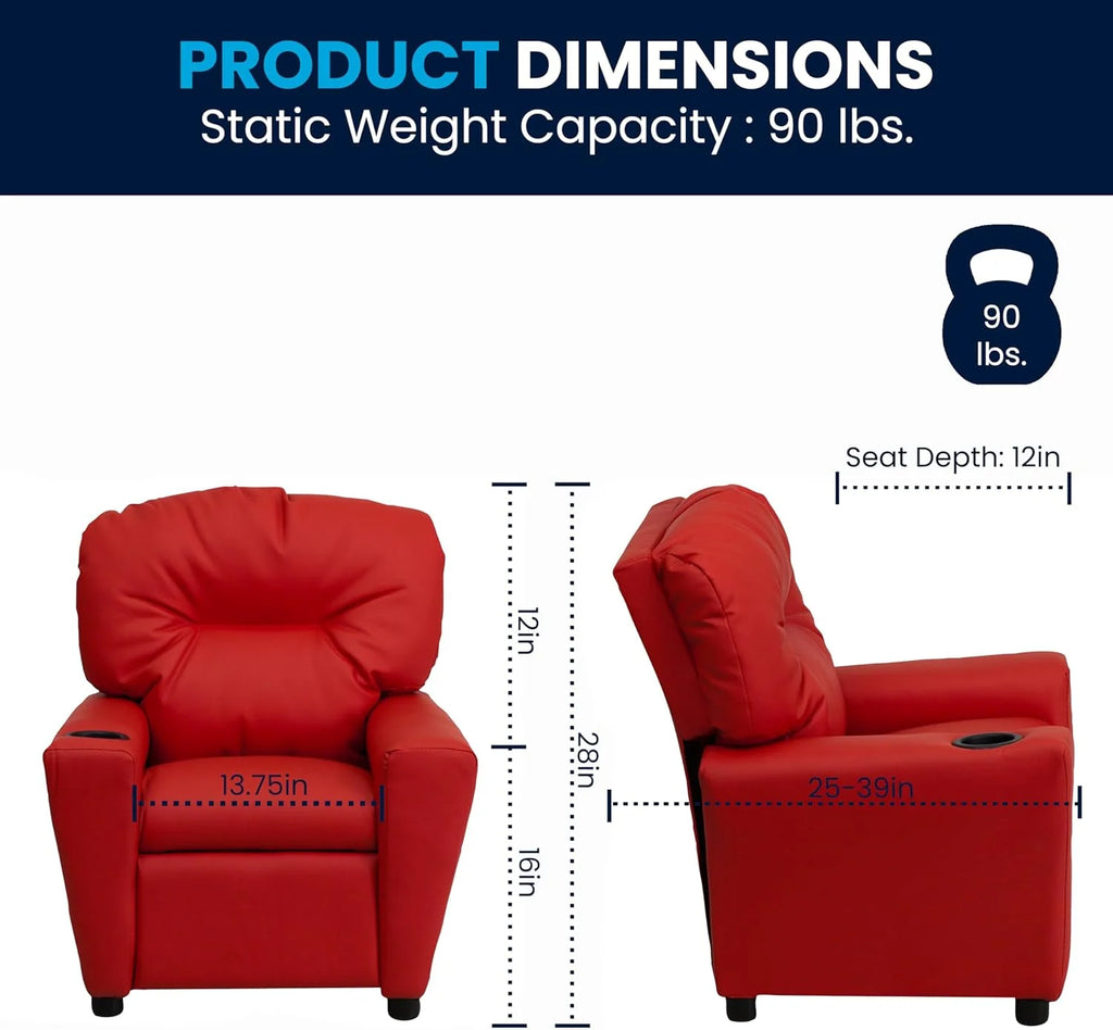 Flash Furniture Contemporary Kids Recliner with Cup Holder, Wood, Beige Vinyl, 26" x 21" x 21"