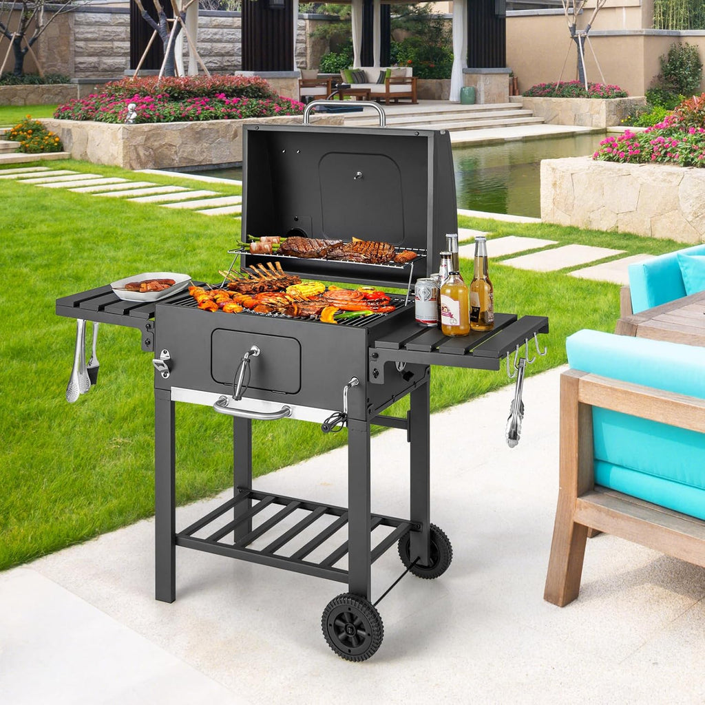 COSTWAY Grill Węglowy XXL, Przenośny Grill Ogrodowy 128 x 54 x 117 cm, z Pokrywą, Termometrem, 2 Składanymi Stolikami Bocznymi, 8 Haczykami, 2 Kółkami i Otwieraczem do Butelek