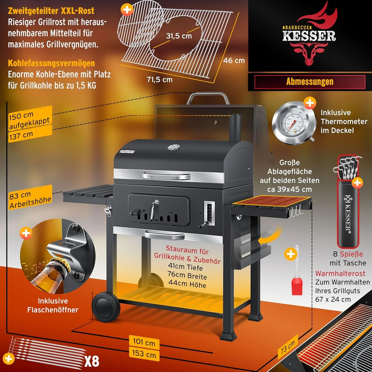KESSER® Grill węglowy z wózkiem, grillem z pokrywką, kółkami, uchwytem ze stali nierdzewnej | Duży grill węglowy z termometrem BBQ, na kemping, taras, do ogrodu XXL Szary