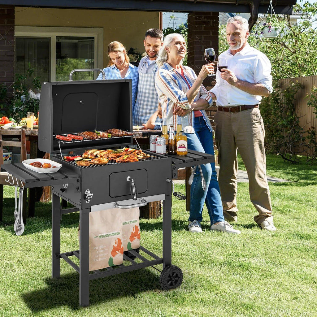COSTWAY Grill Węglowy XXL, Przenośny Grill Ogrodowy 128 x 54 x 117 cm, z Pokrywą, Termometrem, 2 Składanymi Stolikami Bocznymi, 8 Haczykami, 2 Kółkami i Otwieraczem do Butelek
