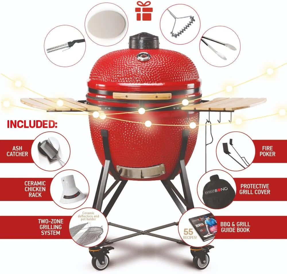 Kamado BONO BBQ -  Grill Kamado Grande XXL z 10 akcesoriami - Ø 64 cm Grill Kamado z akcesoriami - Wędzarnia w kolorze czerwonym na taras, balkon lub do ogrodu